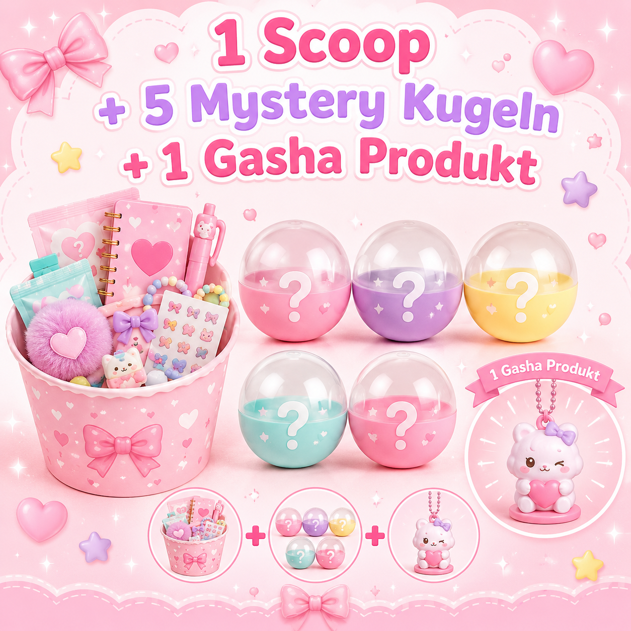 Kawaii Überraschungs-Bundle – 1 Scoop + 5 Mystery Kugeln + 1 Gasha-Produkt
